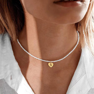Heart 26 Initial Letter Pendant Necklace Women 3mm Pearl Bead Necklace Gift