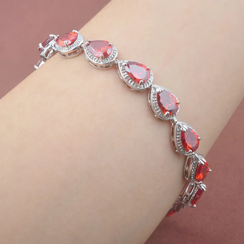 Red Stone Zircinia Water Drop Link Chain Bracelet