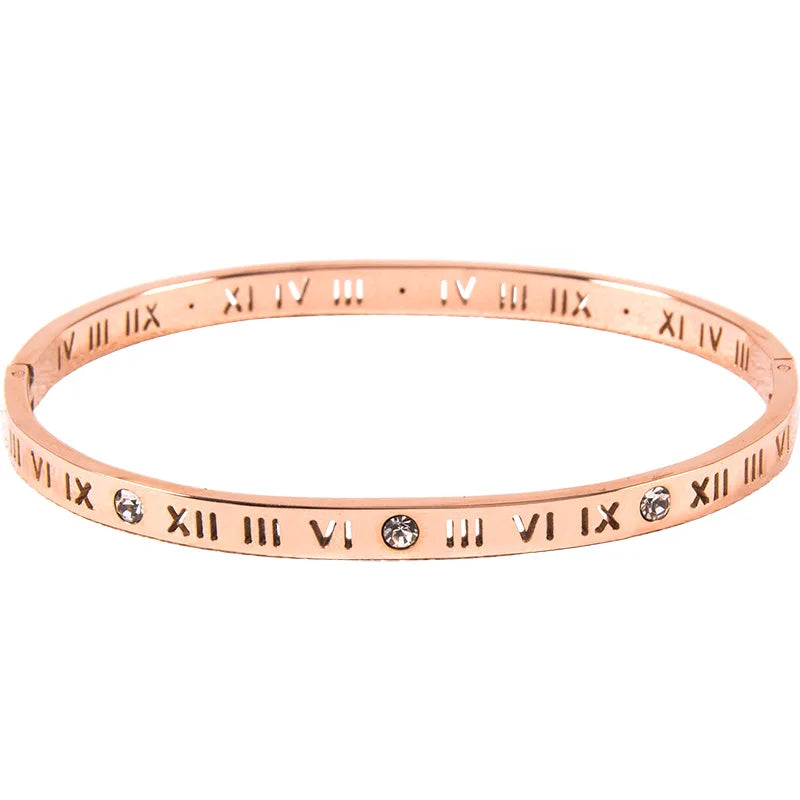 Roman Numerals Charm Bangle Rose Stainless Steel Jewelry