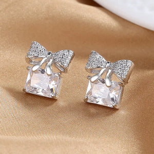 925 Silver Bow Zircon Stud Earrings for Women