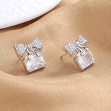 925 Silver Bow Zircon Stud Earrings for Women
