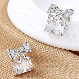 925 Silver Bow Zircon Stud Earrings for Women