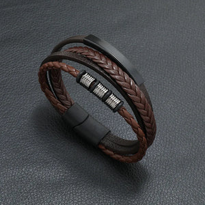 Men's Stainless Steel Leather Charm Bracelet