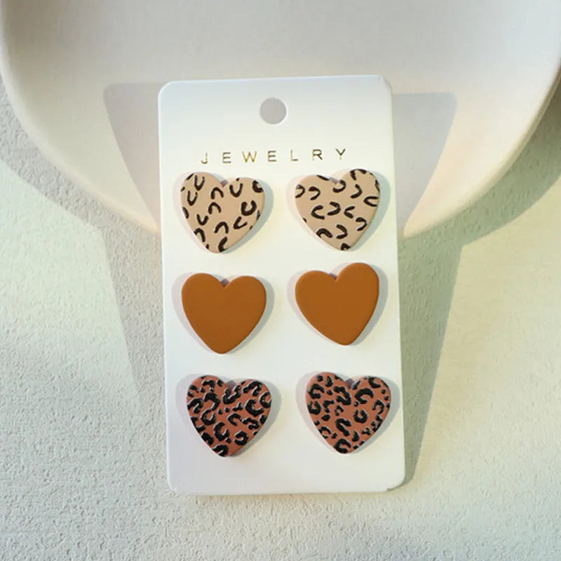 Vintage Leopard Dots Heart Acrylic Earrings Set