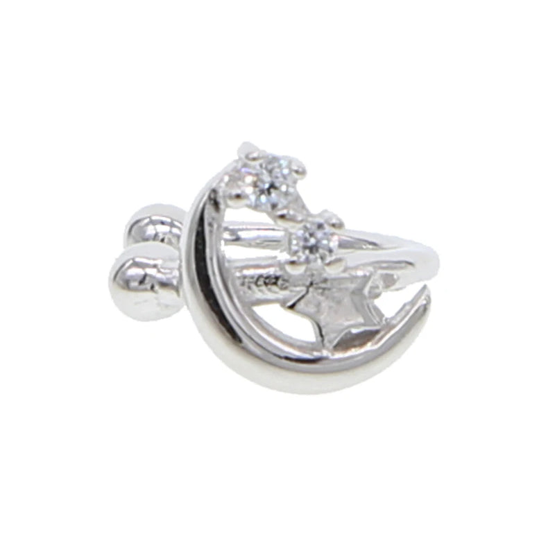 Silver Star & Moon Clip Cuff Earrings Crystal Jewelry