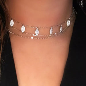 925 Silver Water-drop Choker Necklace CZ Double Chain Short Necklaces