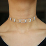 925 Silver Water-drop Choker Necklace CZ Double Chain Short Necklaces