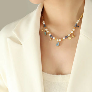French Style Natural Stone Freshwater Pearl Charms Necklace Pendant Jewelry