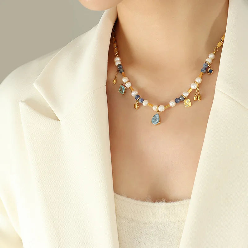 French Style Natural Stone Freshwater Pearl Charms Necklace Pendant Jewelry
