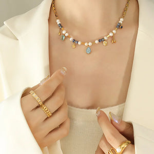 French Style Natural Stone Freshwater Pearl Charms Necklace Pendant Jewelry