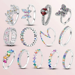 925 Silver Sparkling Ring With Rainbow Gem, Ladybug Charm Collection