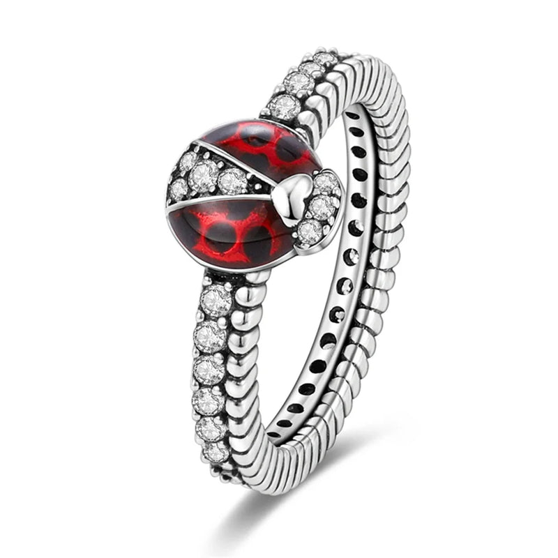 925 Silver Sparkling Ring With Rainbow Gem, Ladybug Charm Collection