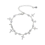 Silver Charm Chain Bangle Drop Cross Round Cz Paved Jewelry