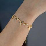 Silver Charm Chain Bangle Drop Cross Round Cz Paved Jewelry