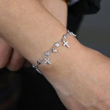 Silver Charm Chain Bangle Drop Cross Round Cz Paved Jewelry
