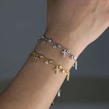Silver Charm Chain Bangle Drop Cross Round Cz Paved Jewelry