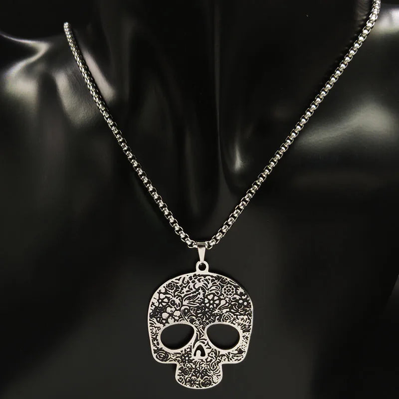 Gothic Skull Stainless Steel Necklace Men Silver Chains Jewelry Halloween Gift