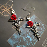 Gothic Punk Alloy Cross Earrings Vintage Red Rose Nail Earrings