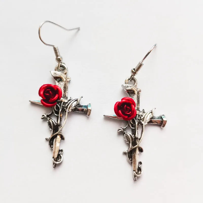 Gothic Punk Alloy Cross Earrings Vintage Red Rose Nail Earrings