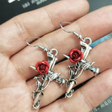 Gothic Punk Alloy Cross Earrings Vintage Red Rose Nail Earrings