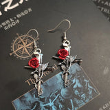 Gothic Punk Alloy Cross Earrings Vintage Red Rose Nail Earrings