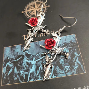Gothic Punk Alloy Cross Earrings Vintage Red Rose Nail Earrings