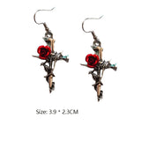 Gothic Punk Alloy Cross Earrings Vintage Red Rose Nail Earrings