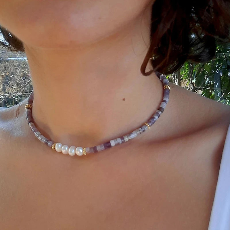 Freshwater Pearl & Nature Stone Beaded Choker Necklace