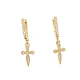 925 Silver Lucky Sword & Faith Cross CZ Hoop Earrings