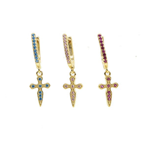 925 Silver Lucky Sword & Faith Cross CZ Hoop Earrings