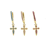 925 Silver Lucky Sword & Faith Cross CZ Hoop Earrings