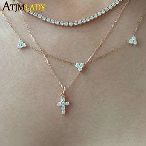 925 Silver CZ Paved Cross Pendant Necklace European Jewelry