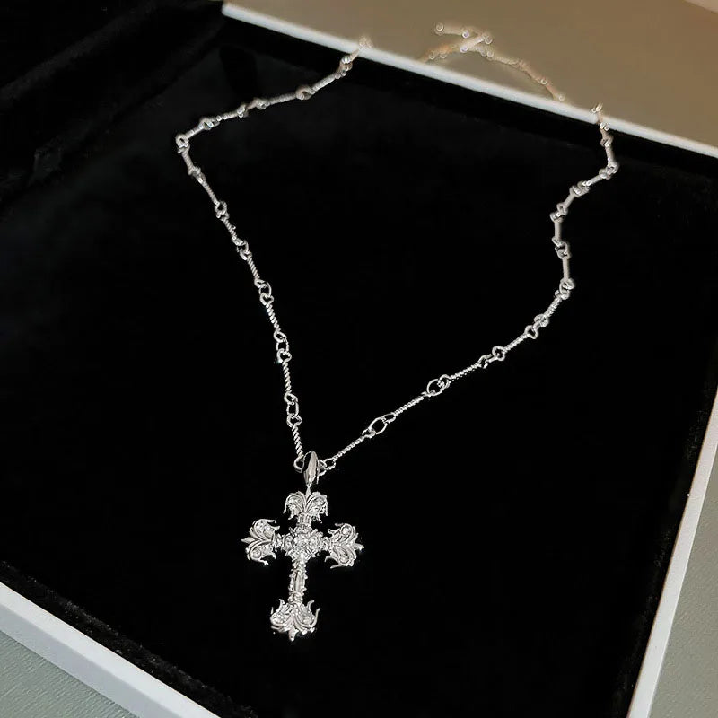 Gothic Punk Style Cross Necklace 14K Pattern Carving Chain Jewelry