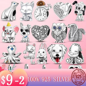 925 Silver Elephant Charm Animal Dog Paw Cat Snake Owl Pendant Beads