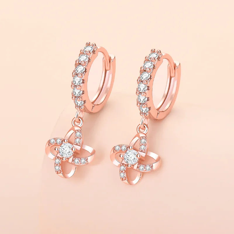 S925 Sterling Silver Four Leaf Clover Zircon Earrings Wedding Gift