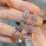Korea Jewelry Pink Morganite Diamond Water Drop Earrings Female Long Pendant