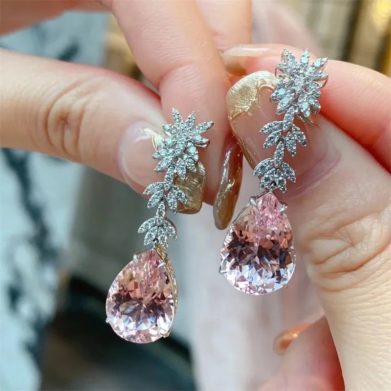 Korea Jewelry Pink Morganite Diamond Water Drop Earrings Female Long Pendant