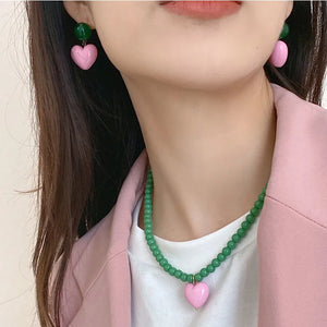 Korea Pink Heart Pendants Necklace for Women Girls