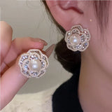 Romantic Pearl Flower Stud Earring for Women Rhinestone Earring