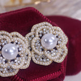 Romantic Pearl Flower Stud Earring for Women Rhinestone Earring