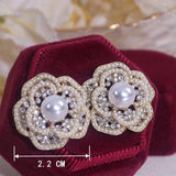 Romantic Pearl Flower Stud Earring for Women Rhinestone Earring