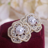 Romantic Pearl Flower Stud Earring for Women Rhinestone Earring