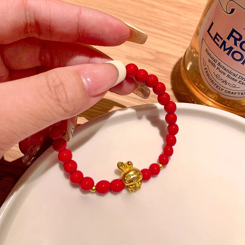 Red Beaded Rabbit Bracelet Opal Bunny Pendant Girl Jewelry
