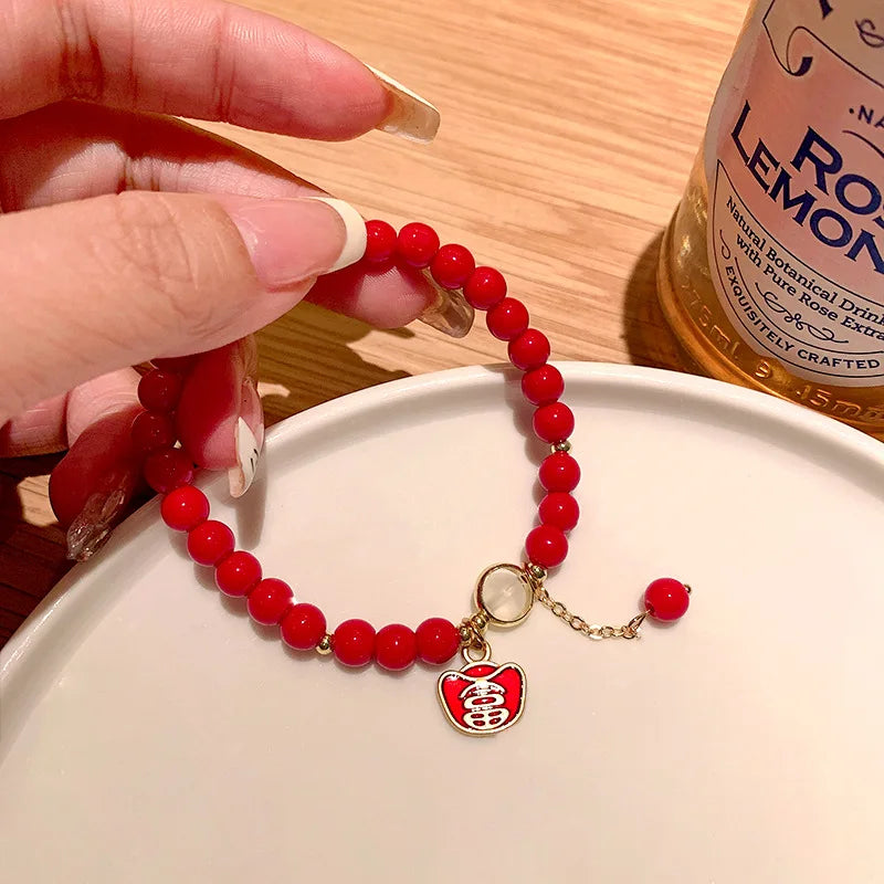 Red Beaded Rabbit Bracelet Opal Bunny Pendant Girl Jewelry