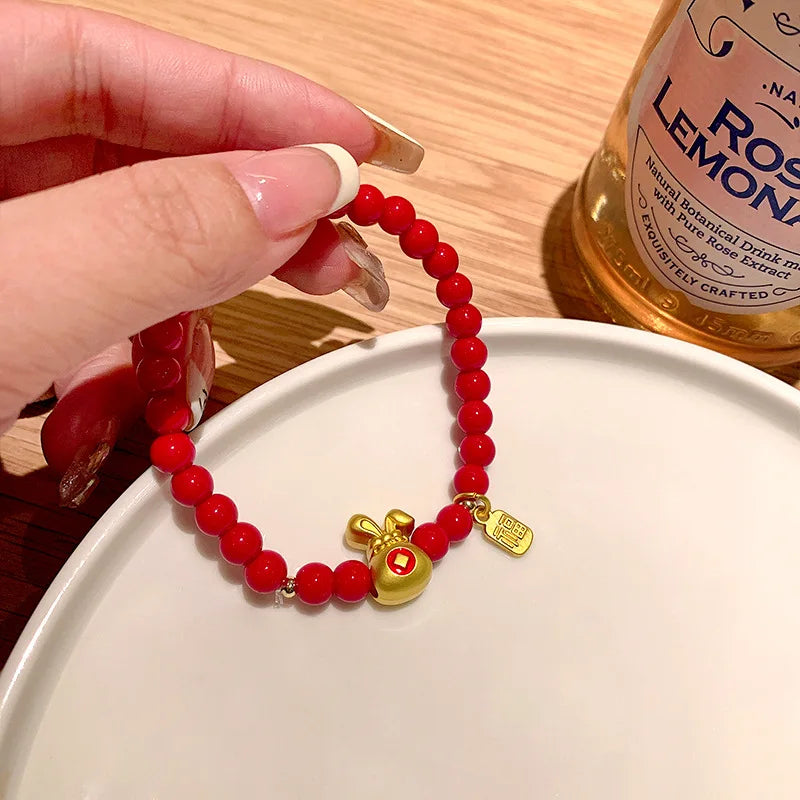 Red Beaded Rabbit Bracelet Opal Bunny Pendant Girl Jewelry