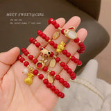 Red Beaded Rabbit Bracelet Opal Bunny Pendant Girl Jewelry