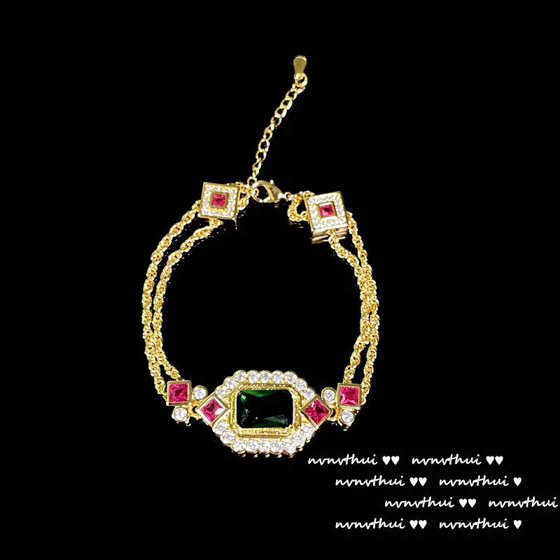 14K Charm Bracelet Princess Cut Emerald CZ Double Layer Vintage Bangler