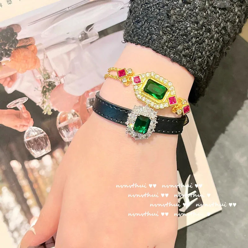 14K Charm Bracelet Princess Cut Emerald CZ Double Layer Vintage Bangler