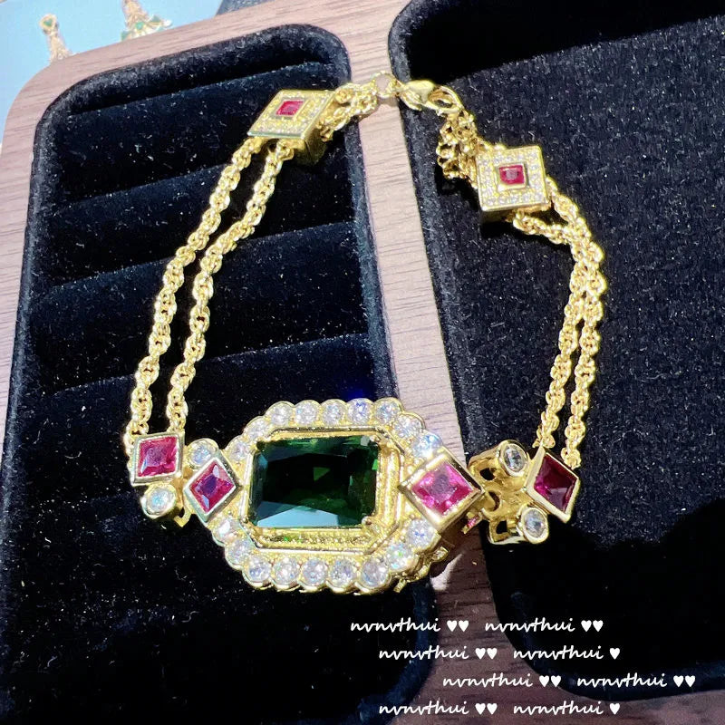 14K Charm Bracelet Princess Cut Emerald CZ Double Layer Vintage Bangler