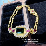14K Charm Bracelet Princess Cut Emerald CZ Double Layer Vintage Bangler